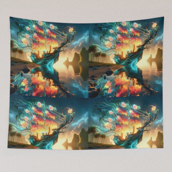 Item preview, Elven Floral Ship at Sunset Near Island designed and sold by EmeraldeaArt.