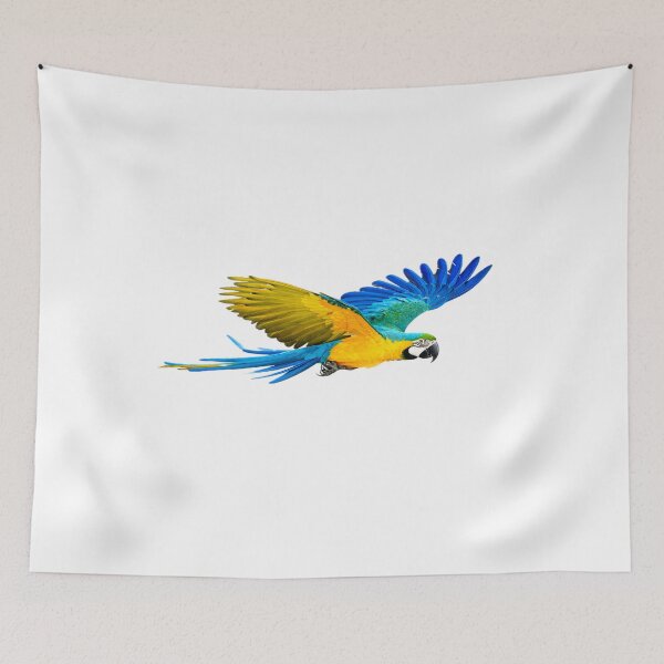 Item preview, A vibrant blue and yellow parrot soars gracefully through the air, wings outstretched against a pristine white background designed and sold by homydesign.