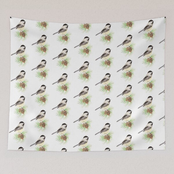Item preview, Watercolor Chickadee Bird on Pine Tree Art designed and sold by countrymouse.
