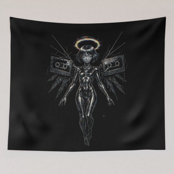 Item preview, VHS Chrome Angel – Retro Cyber Deity with Cassette Wings designed and sold by Hirvipelto.