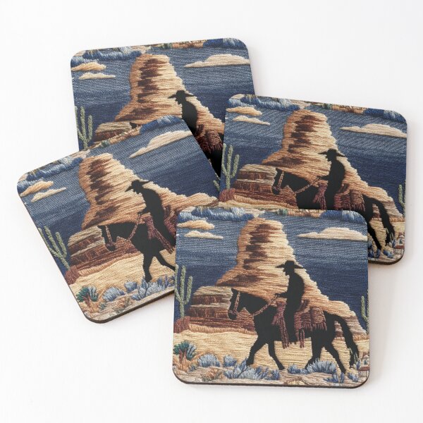 Item preview, Western Cowboy Desert Silhouette Faux Embroidery Art designed and sold by Nicholas Panek.