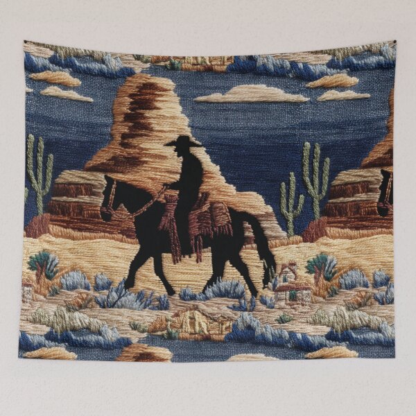 Item preview, Western Cowboy Desert Silhouette Faux Embroidery Art designed and sold by Nicholas Panek.
