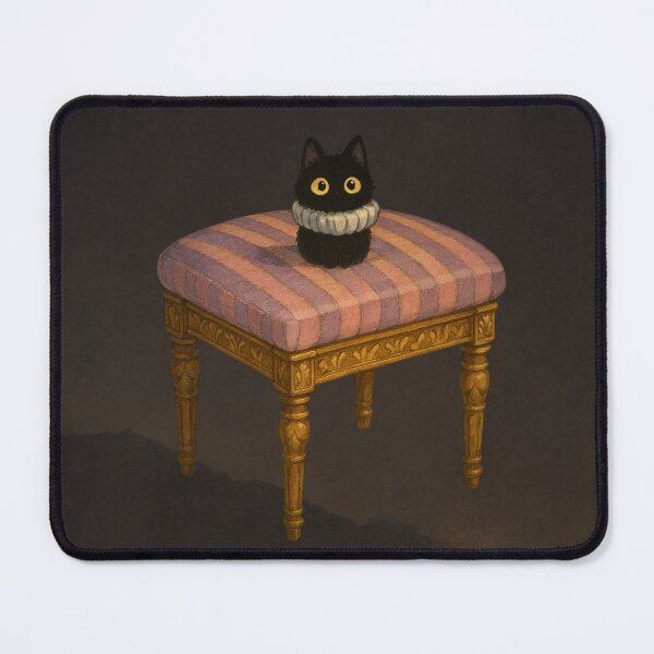 Artikelvorschau, Schwarze Katze auf rosa gestreiftem Hocker Kunstdruck entworfen und verkauft von UnrealF.