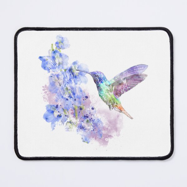Aperçu de l'œuvre Oiseau colibri et fleurs de delphinium bleu créée et vendue par countrymouse.