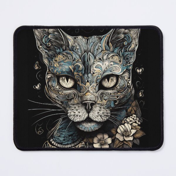Item preview, Elegant Sugar Skull Cat with Blue and Gold Floral Accents – Ornate Day of the Dead Art designed and sold by PaintbrushPlace.