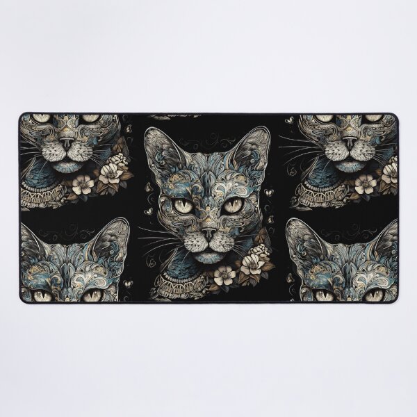 Item preview, Elegant Sugar Skull Cat with Blue and Gold Floral Accents – Ornate Day of the Dead Art designed and sold by PaintbrushPlace.