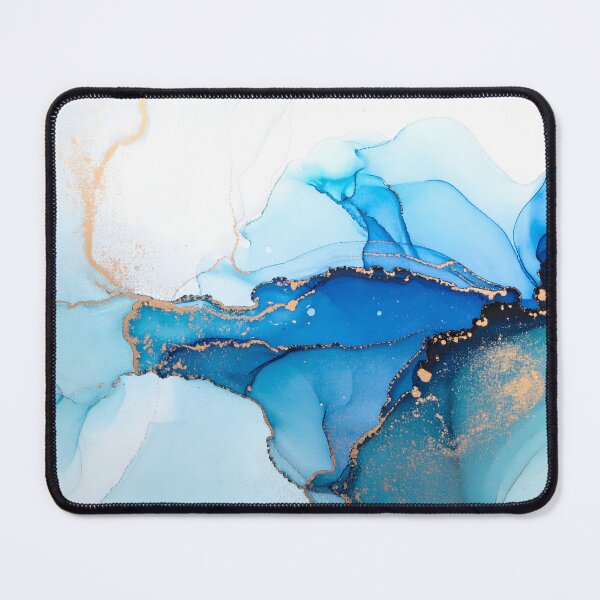 Item preview, An artistic abstract background with flowing blue and teal ink washes, accented by shimmering gold lines and splatters, on a white canvas designed and sold by homydesign.