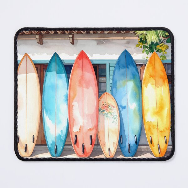 Item preview, A colorful surfboard, featuring shades of blue and white, stands upright in soft, warm sand designed and sold by homydesign.