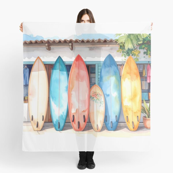 Item preview, A colorful surfboard, featuring shades of blue and white, stands upright in soft, warm sand designed and sold by homydesign.