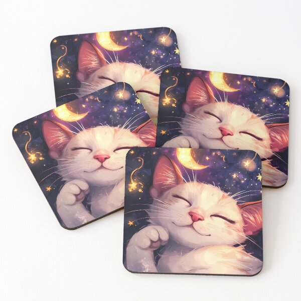 Item preview, Kawaii White Cat Dreaming Under Crescent Moon designed and sold by mildaclairmo.