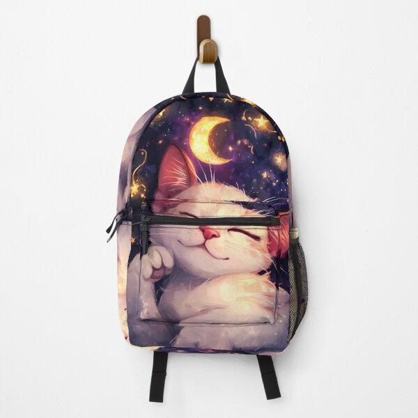 Item preview, Kawaii White Cat Dreaming Under Crescent Moon designed and sold by mildaclairmo.