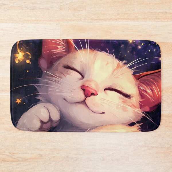 Item preview, Kawaii White Cat Dreaming Under Crescent Moon designed and sold by mildaclairmo.