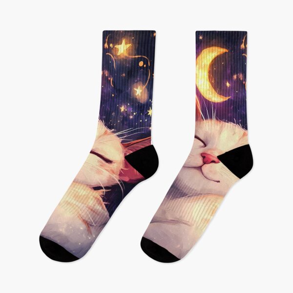 Item preview, Kawaii White Cat Dreaming Under Crescent Moon designed and sold by mildaclairmo.