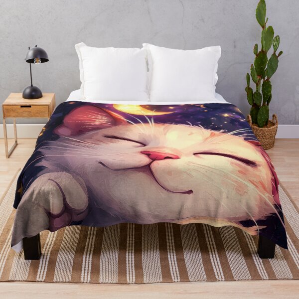 Item preview, Kawaii White Cat Dreaming Under Crescent Moon designed and sold by mildaclairmo.