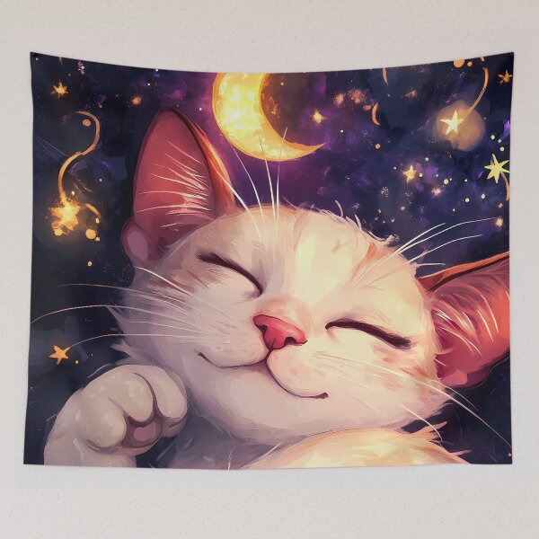 Item preview, Kawaii White Cat Dreaming Under Crescent Moon designed and sold by mildaclairmo.