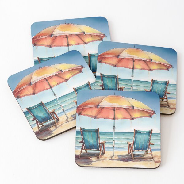 Item preview, Two beach chairs and an umbrella on a sandy beach facing the ocean under a sunny sky, leisure scene in a painterly style designed and sold by homydesign.