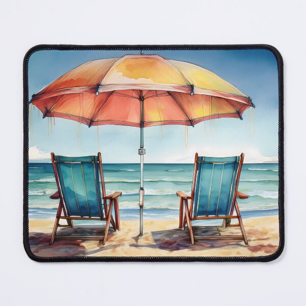 Item preview, Two beach chairs and an umbrella on a sandy beach facing the ocean under a sunny sky, leisure scene in a painterly style designed and sold by homydesign.