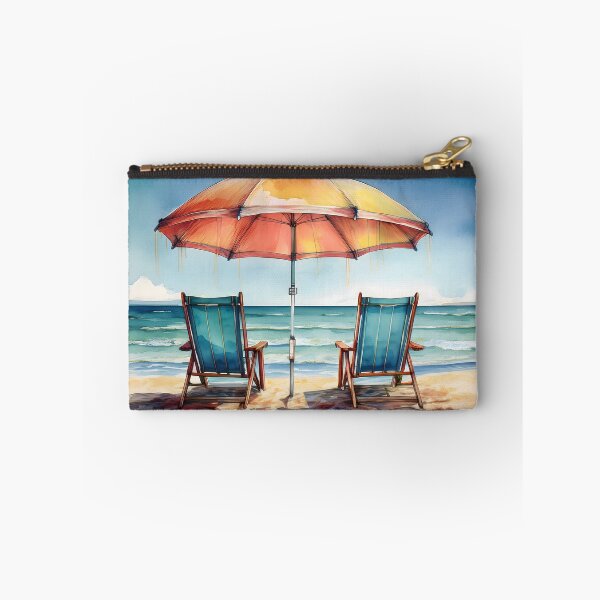 Item preview, Two beach chairs and an umbrella on a sandy beach facing the ocean under a sunny sky, leisure scene in a painterly style designed and sold by homydesign.