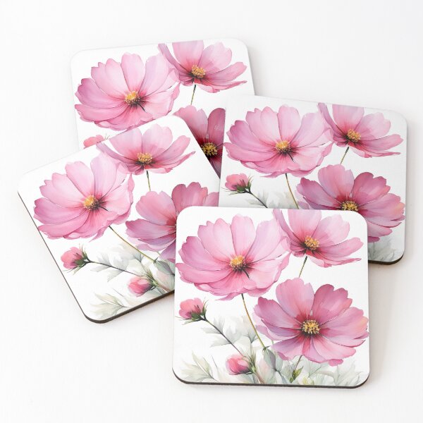 Item preview, Three delicate pink cosmos flowers with detailed petals and bright yellow centers are painted in a soft watercolor style on a white background designed and sold by homydesign.