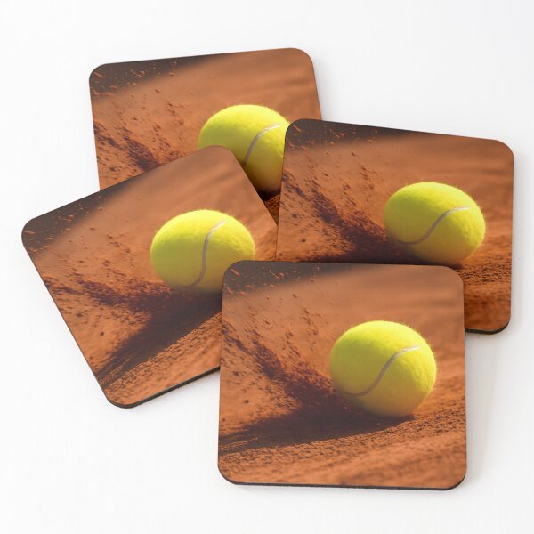 Item preview, A yellow tennis ball rests on a red clay court with dust particles in the air, capturing a moment of action and sport designed and sold by homydesign.