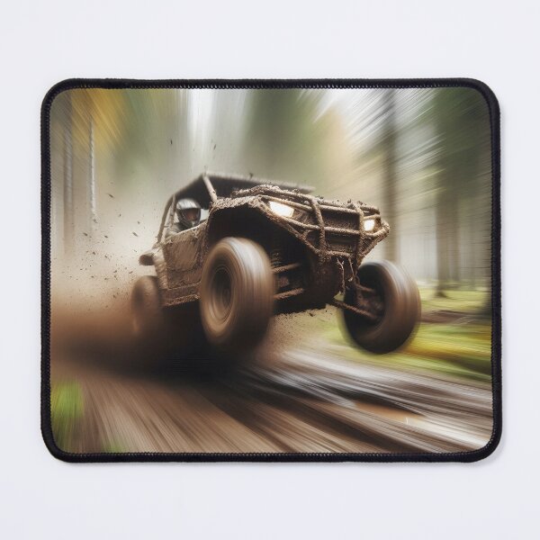 Item preview, A muddy off-road vehicle jumps over a dirt track in a blurred forest setting designed and sold by homydesign.