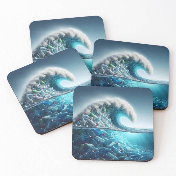 Item preview, A massive ocean wave curls, revealing a core of plastic bottles and debris both above and below the water's surface designed and sold by homydesign.
