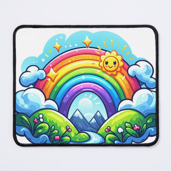 Item preview, Vibrant cartoon landscape with rainbow, sun, and mountains designed and sold by homydesign.