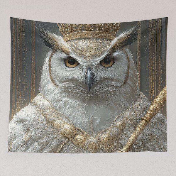 Item preview, Bird Regal Owl King In White Robe Holding Scepter Inside Ornate Golden Hall designed and sold by odcpappels.
