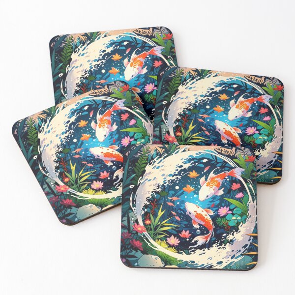 Item preview, Two carp dance in harmony among flowers and water. designed and sold by MeowMeals.