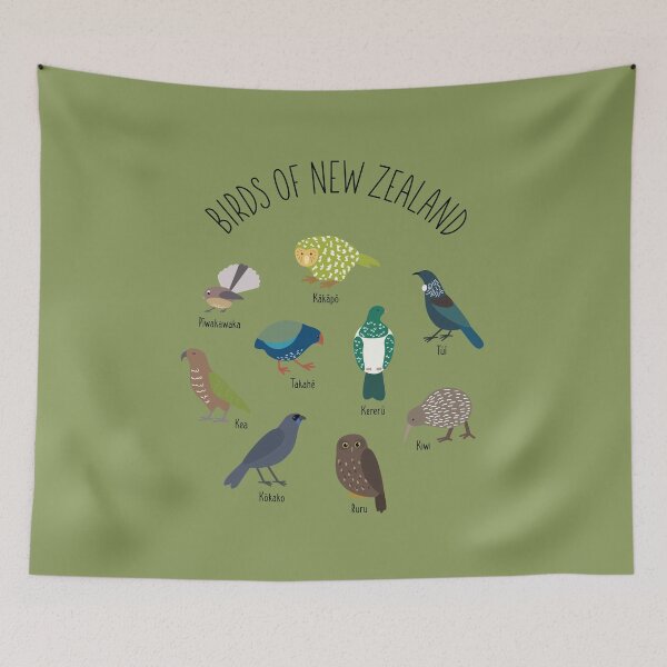 Item preview, Birds Of New Zealand - Kiwi, Kakapo, Tui, Fantail, Kaka, Kea - Olive Green designed and sold by Rebeccatiana.nz.