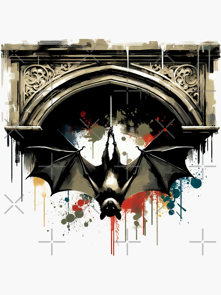 Thumbnail 3 von 3, Sticker, Upside-Down Bat under Gothic Arch – Watercolor Art designt und verkauft von Kobeko.
