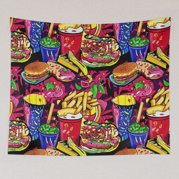 Item preview, Dynamic Cartoon burgers and fries in — Contemporary Graphic Art designed and sold by HEADMADE-TV.