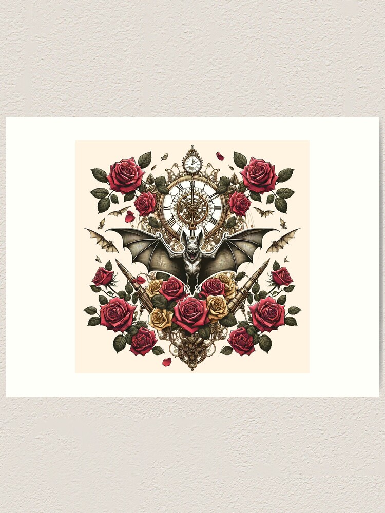 Thumbnail 1 von 3, Kunstdruck, Steampunk Bat with Roses – Dark Elegance & Gears designt und verkauft von Kobeko.