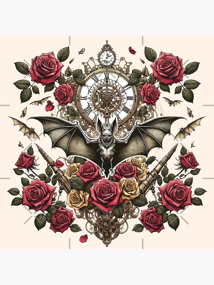 Thumbnail 3 von 3, Poster, Steampunk Bat with Roses – Dark Elegance & Gears designt und verkauft von Kobeko.
