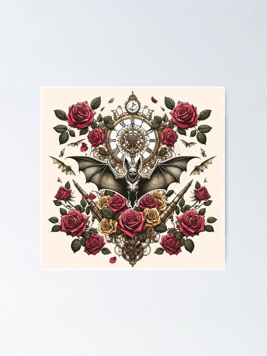 Thumbnail 1 von 3, Poster, Steampunk Bat with Roses – Dark Elegance & Gears designt und verkauft von Kobeko.
