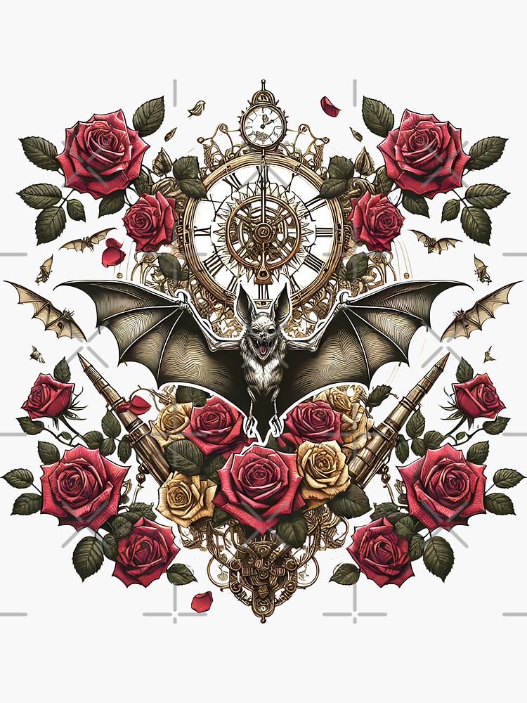 Thumbnail 3 von 3, Sticker, Steampunk Bat with Roses – Dark Elegance & Gears designt und verkauft von Kobeko.