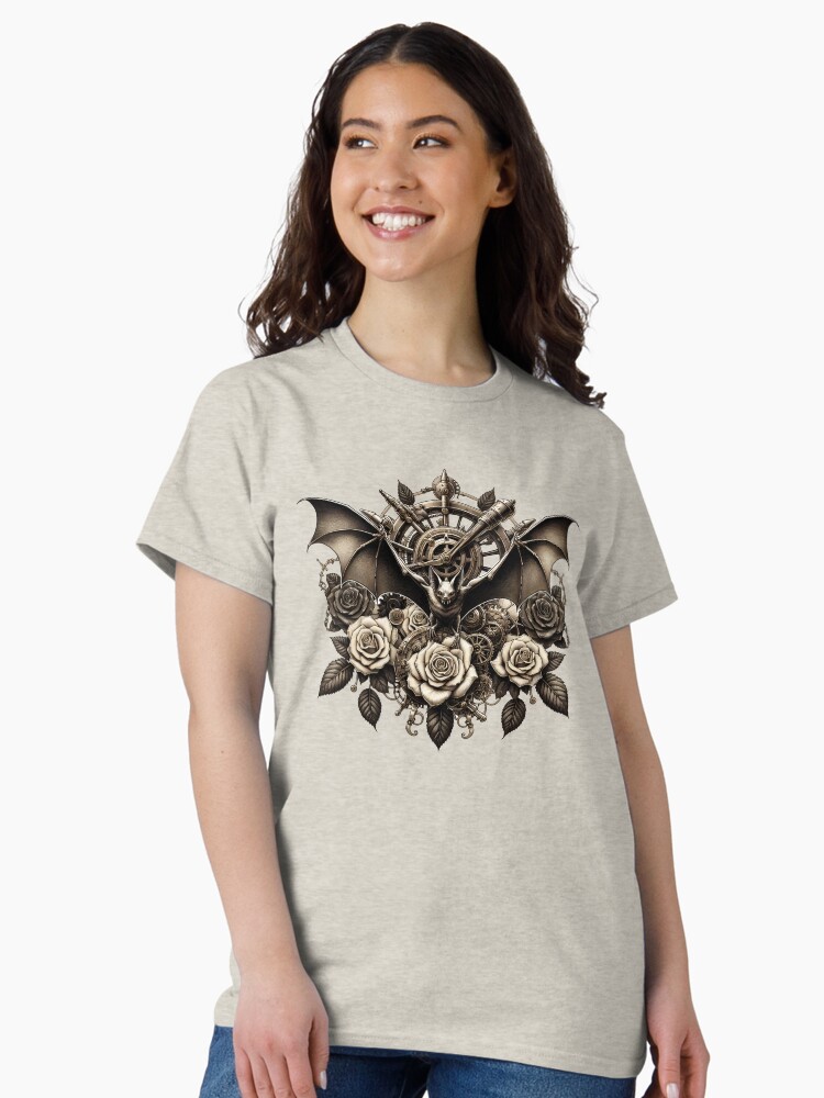 Thumbnail 1 von 7, Classic T-Shirt, Sepia Steampunk Bat & Roses – Vintage Gothic Design designt und verkauft von Kobeko.