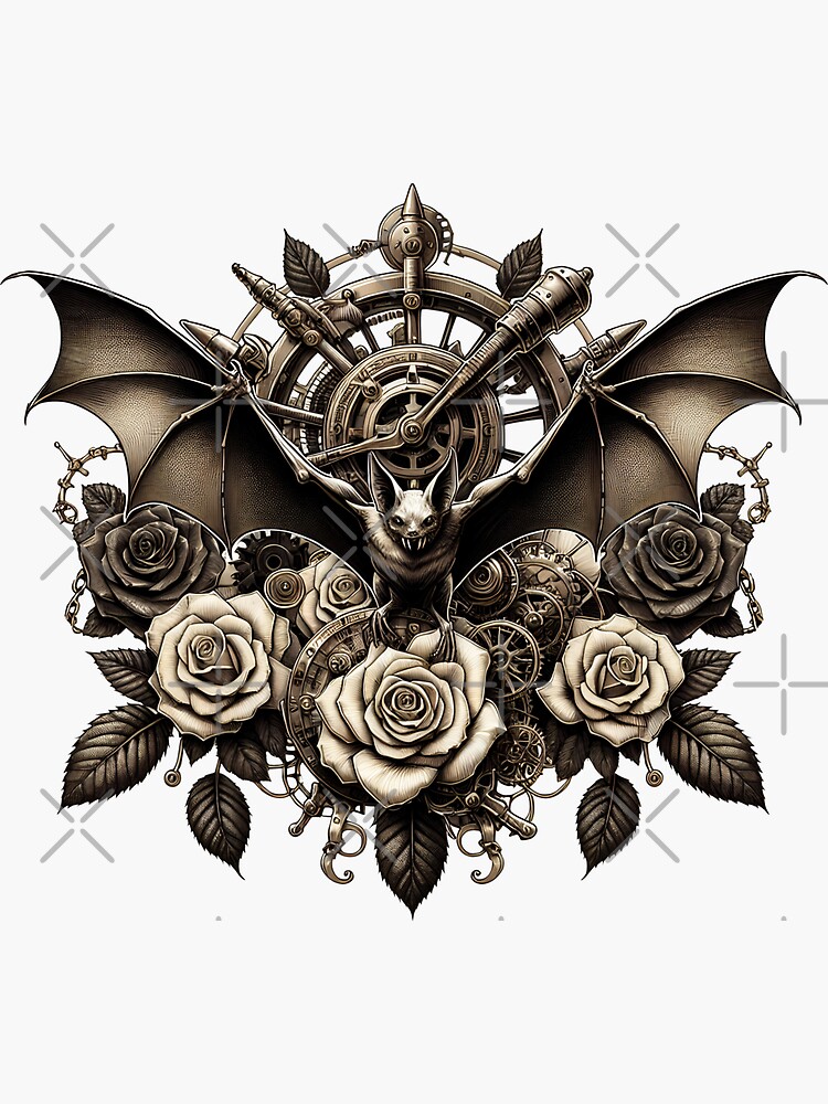 Thumbnail 3 von 3, Sticker, Sepia Steampunk Bat & Roses – Vintage Gothic Design designt und verkauft von Kobeko.