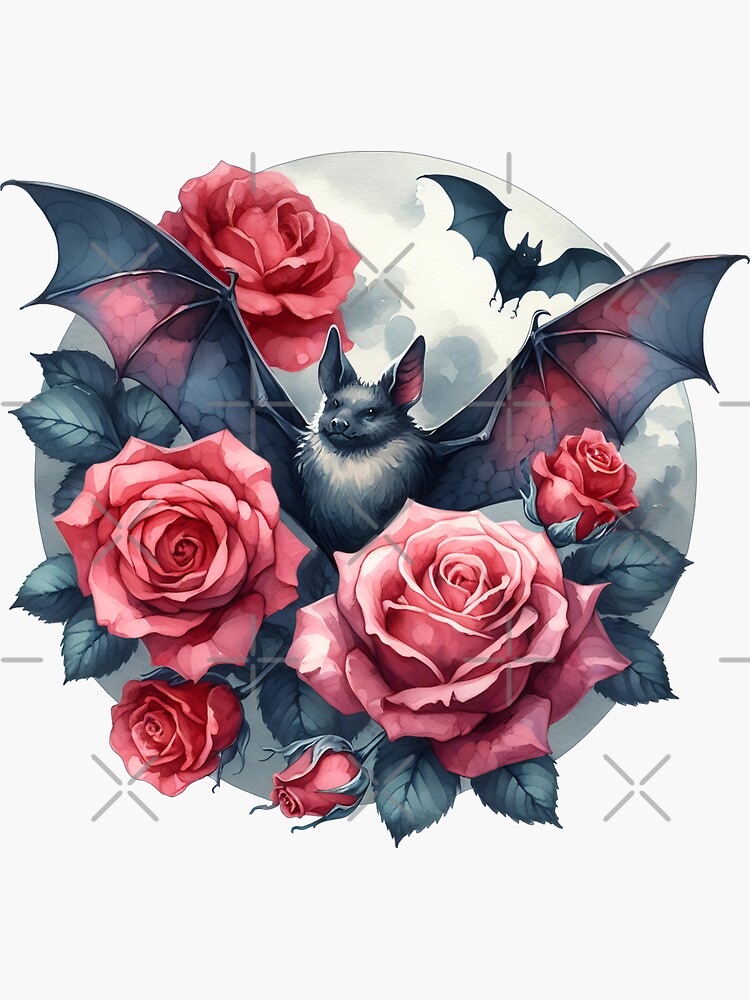 Thumbnail 3 von 3, Sticker, Watercolor Bats & Roses – Graceful Night Flight designt und verkauft von Kobeko.