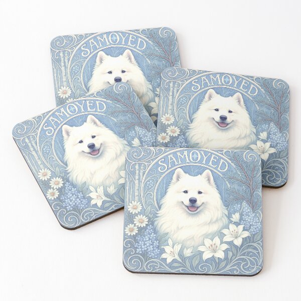 Item preview, Snowy Samoyed in Art Nouveau – Ethereal White Dog with Winter Florals designed and sold by SUNAGIMO9999.