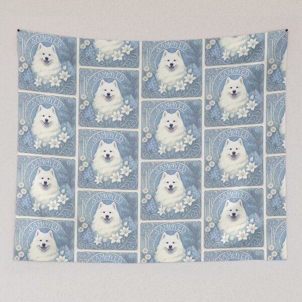 Item preview, Snowy Samoyed in Art Nouveau – Ethereal White Dog with Winter Florals designed and sold by SUNAGIMO9999.