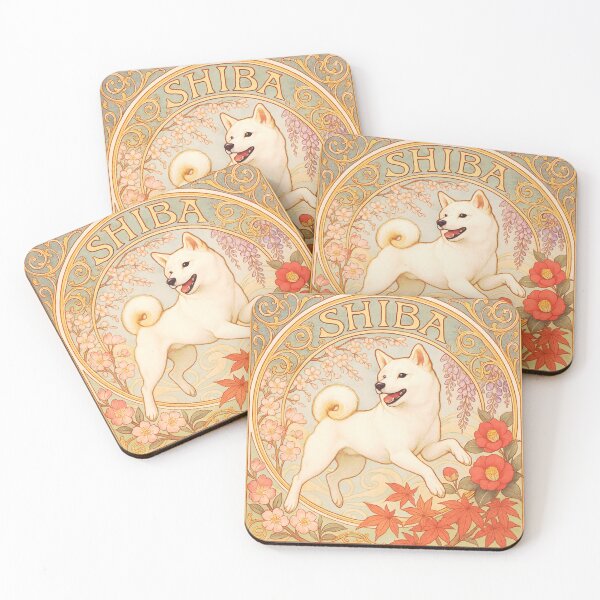 Item preview, White Shiba Inu – Art Nouveau Elegance with Japanese Seasonal Flowers designed and sold by SUNAGIMO9999.