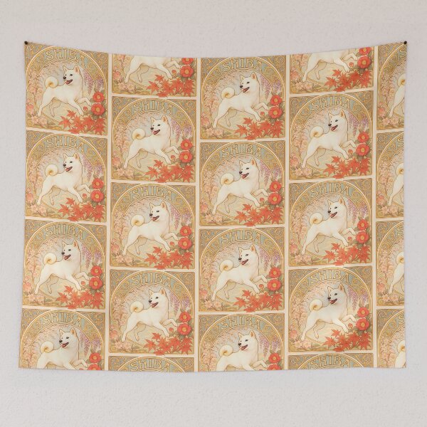 Item preview, White Shiba Inu – Art Nouveau Elegance with Japanese Seasonal Flowers designed and sold by SUNAGIMO9999.