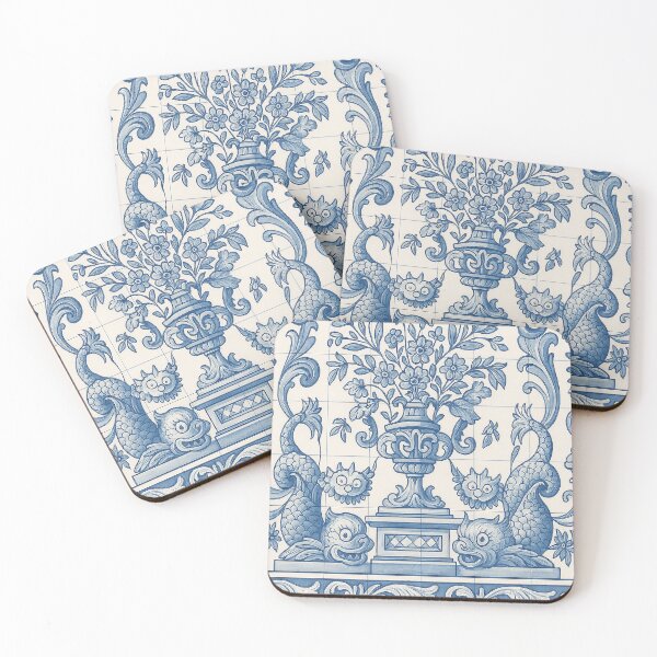 Item preview, Portuguese Blue Tile Wall Art – Floral Vase with Mythical Fish Design designed and sold by weirdfishes123.