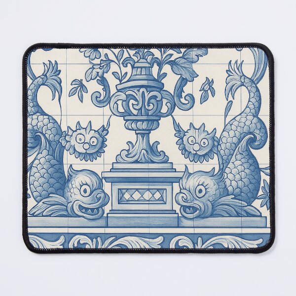 Item preview, Portuguese Blue Tile Wall Art – Floral Vase with Mythical Fish Design designed and sold by weirdfishes123.