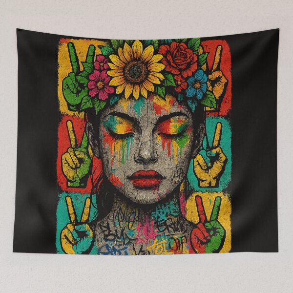 Item preview, Peace Bloom – Floral Graffiti Street Art Portrait designed and sold by RetroRespect.