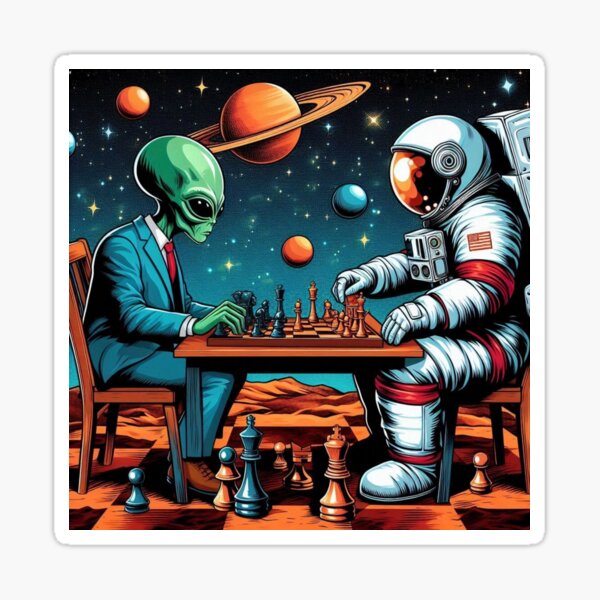 Item preview, An alien and an astronaut are playing chess. designed and sold by Dogandesighn.