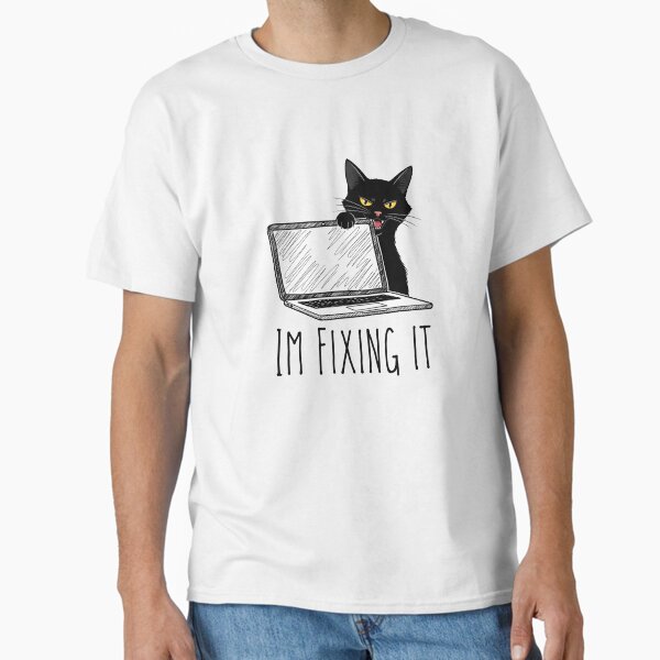 Item preview, Cat biting the corner of laptop and saying "im fixing it" designed and sold by Cuddleblossom.