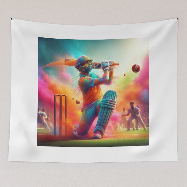 Item preview, Cricket player mid-swing in Indian Holi colors designed and sold by ashokreddy343.