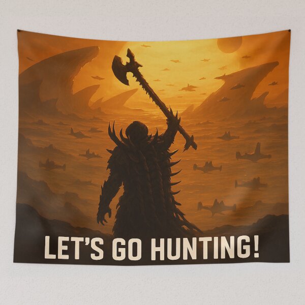 Item preview, The Grendel King Lets Go Hunting! Axe Master Predator  Epic Dark Sci-Fi Fantasy Alien Sunset Landscape with Flying Ships & Cosmic Horizon Art Predator Killer of Killers Fan Art designed and sold by Motifai.